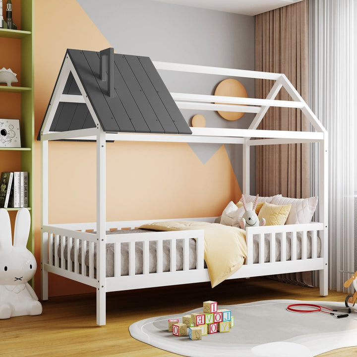 Twin Size Wood House Bed with Fence, White+GrayDTYStore