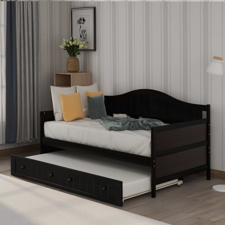 Twin Wooden Daybed with Trundle Bed, Sofa Bed for Bedroom Living Room, EspressoDTYStore