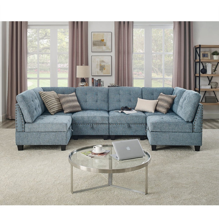 U shape Modular Sectional Sofa，DIY Combination，includes Four Single Chair and Two Corner，Navy ChenilleDTYStore