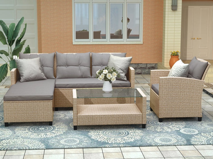 U_STYLE Outdoor, Patio Furniture Sets, 4 Piece Conversation Set Wicker Ratten Sectional Sofa with Seat Cushions(Beige Brown)DTYStore