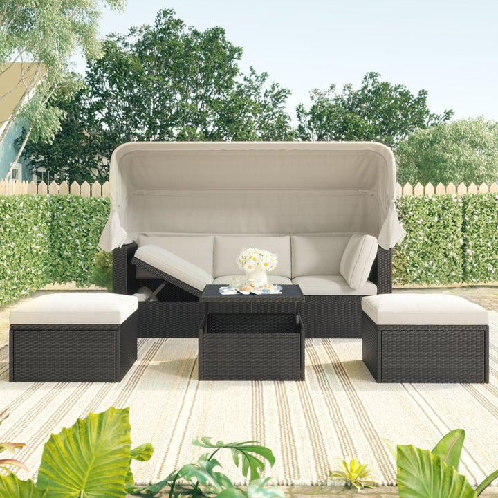 U_Style Outdoor Patio Rectangle Daybed with Retractable Canopy, Wicker Furniture Sectional Seating with Washable Cushions, Backyard, PorchDTYStore