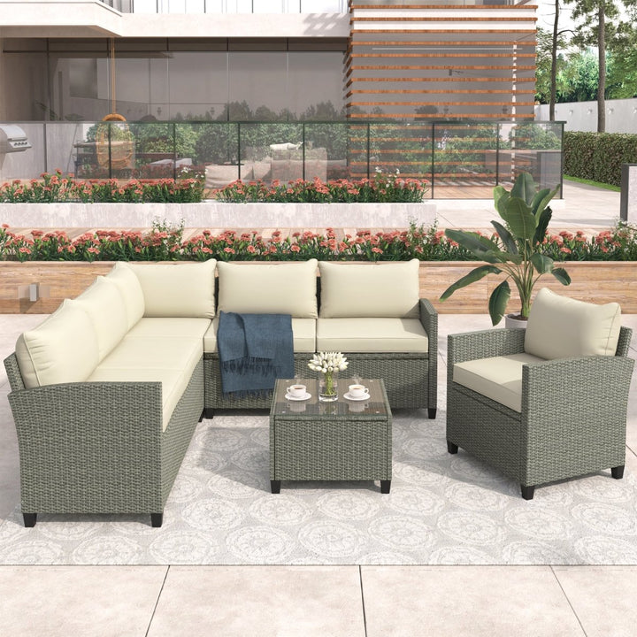 U_STYLE Patio Furniture Set, 5 Piece Outdoor Conversation Set，with Coffee Table, Cushions and Single ChairDTYStore