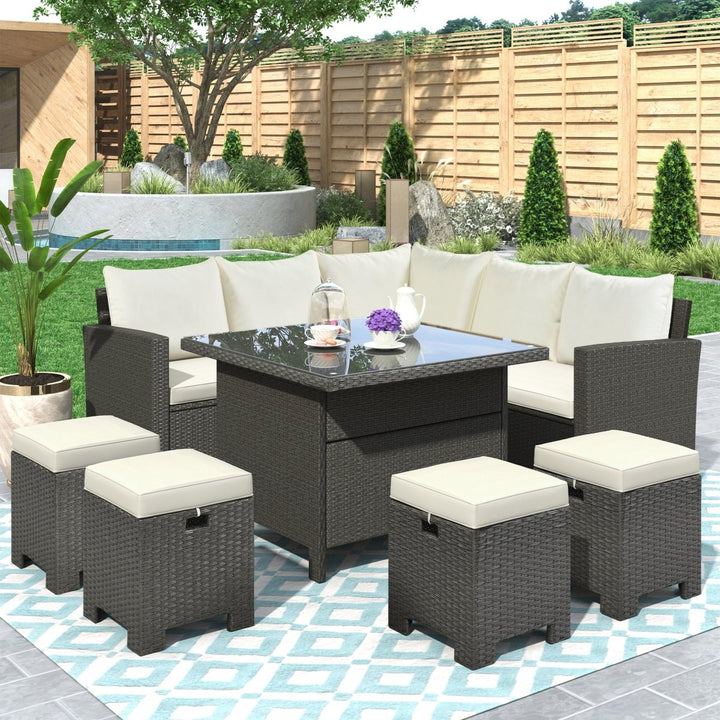 U_STYLE Patio Furniture Set, 8 Piece Outdoor Conversation Set, Dining Table Chair with Ottoman, CushionsDTYStore