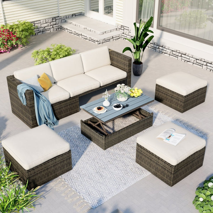 U_STYLE Patio Furniture Sets, 5-Piece Patio Wicker Sofa with Adustable Backrest, Cushions, Ottomans and Lift Top Coffee TableDTYStore