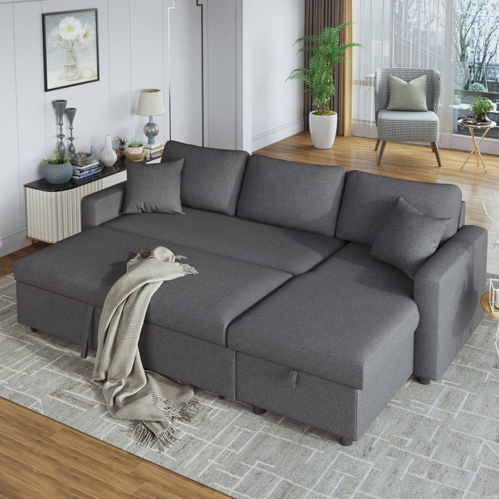 U_STYLE Upholstery Sleeper Sectional Sofa Grey with Storage Space, 2 Tossing CushionsDTYStore