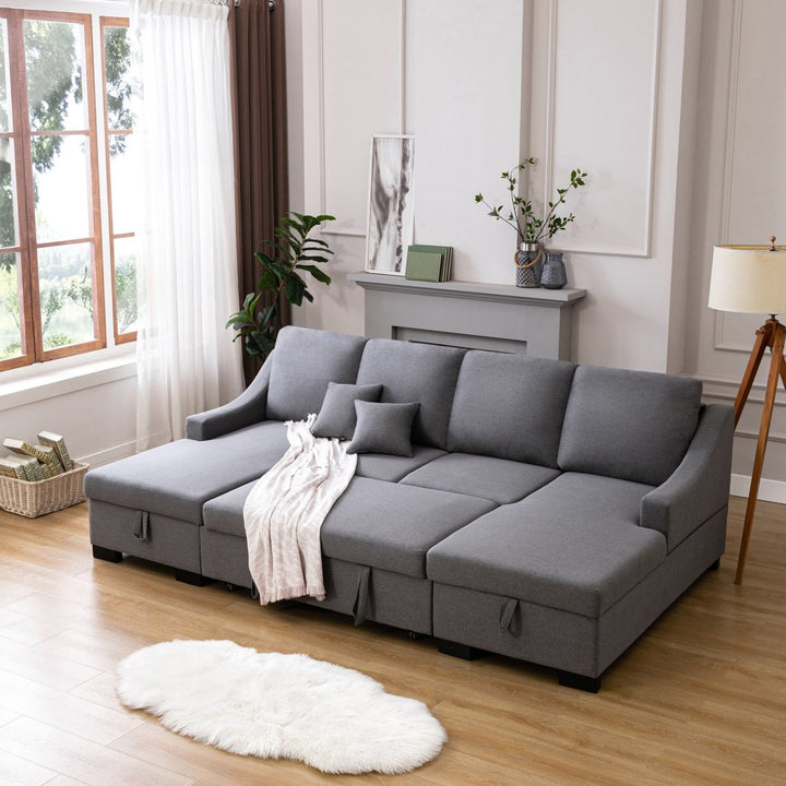 U_STYLE Upholstery Sleeper Sectional Sofa with Double Storage Spaces, 2 Tossing Cushions, GreyDTYStore