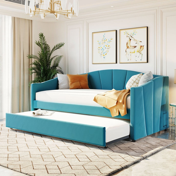 Upholstered Daybed Sofa Bed Twin Size With Trundle Bed and Wood Slat ,BlueDTYStore
