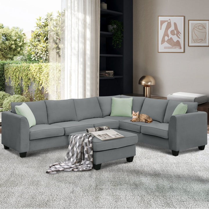 [VIDEO provided] 112*87" Sectional Sofa Couches Living Room Sets 7 Seats Modular Sectional Sofa with Ottoman L Shape Fabric Sofa Corner Couch Set with 3 Pillows, GreyDTYStore