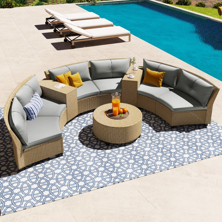 [VIDEO provided] U_Style 6 - Person Fan-shaped Rattan Suit Combination with Cushions and Table,Suitable for GardenDTYStore