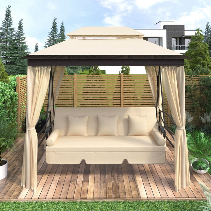 [VIDEO provided] U_STYLE 8.9 Ft. W x 5.9 Ft. D Outdoor Gazebo with Convertible Swing Bench, Double Roof Soft Canopy Garden Backyard Gazebo with Mosquito Netting Suitable for Lawn, Garden, BackyardDTYStore