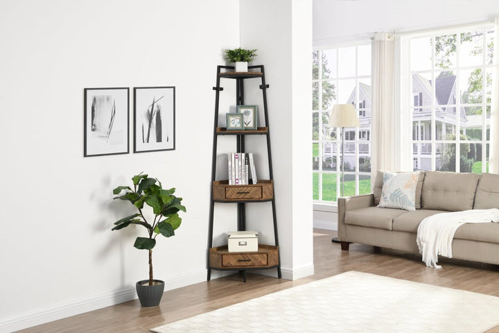 W82151008 Corner Shelf with Two Drawers 72.64'' Tall, 4-tier Industrial Bookcase, BlackDTYStore