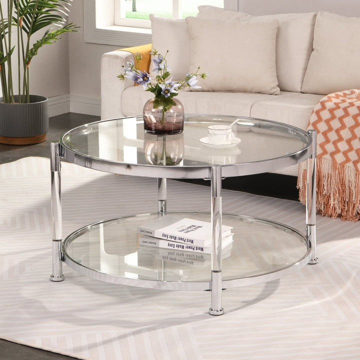 W82153572 Contemporary Acrylic Coffee Table, 32.3'' Round Tempered Glass Coffee Table, Chrome/Silver Coffee Table for Living RoomDTYStore