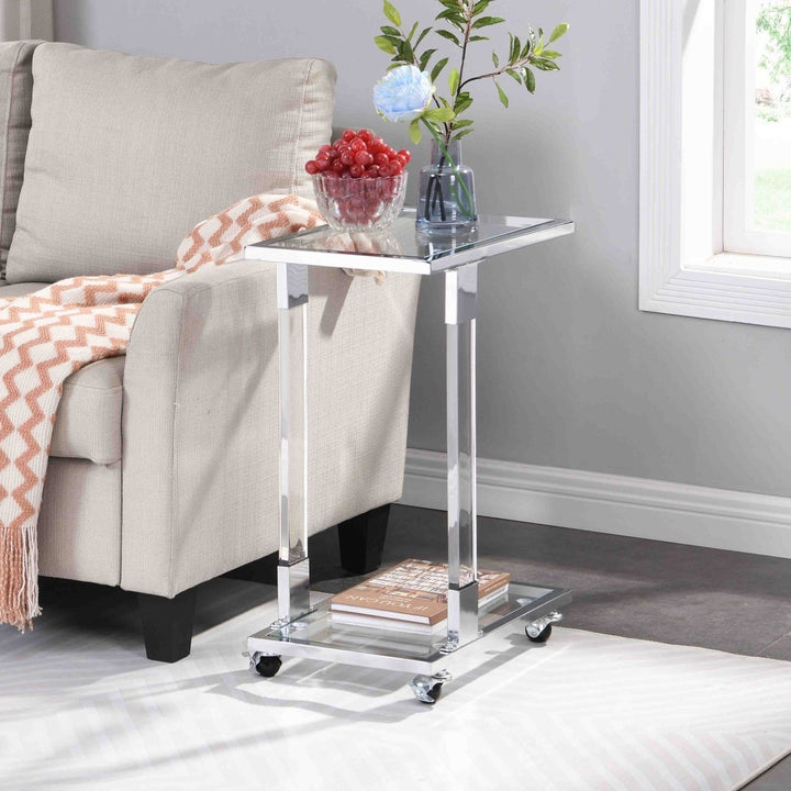 W82153573 Chrome Glass Side Table, Acrylic End Table, Glass Top C Shape Square Table with Metal Base for Living Room, Bedroom, Balcony Home and OfficeDTYStore