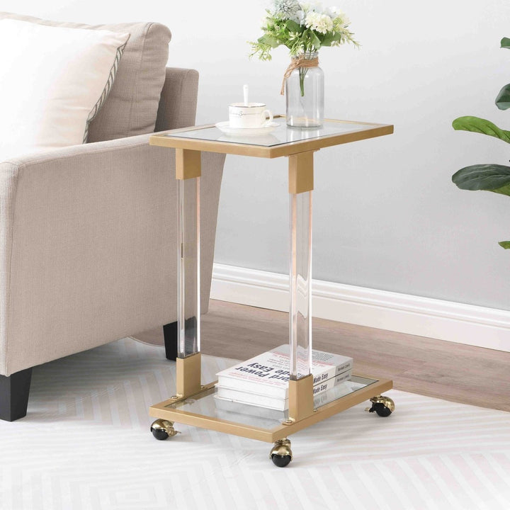 W82153574 Golden Side Table, Acrylic Sofa Table, Glass Top C Shape Square Table with Metal Base for Living Room, Bedroom, Balcony Home and OfficeDTYStore