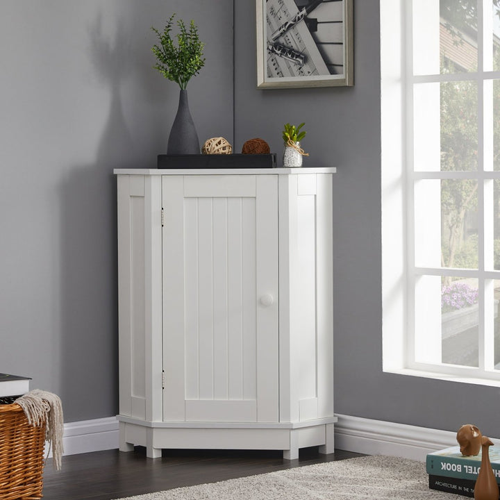 White Bathroom Cabinet Triangle Corner Storage Cabinet with Adjustable Shelf Modern Style MDF BoardDTYStore