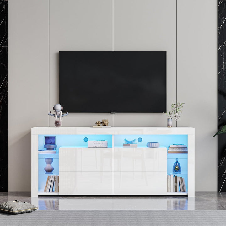 White Modern contracted LED TV Cabinet with Storage Drawers，4 Storage Cabinet with Open Shelves for Living Room BedroomDTYStore