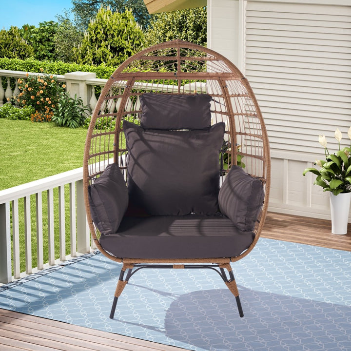 Wicker Egg Chair, Oversized Indoor Outdoor Lounger for Patio, Backyard, Living Room w/ 5 Cushions, Steel Frame, 440lb Capacity - Dark GreyDTYStore