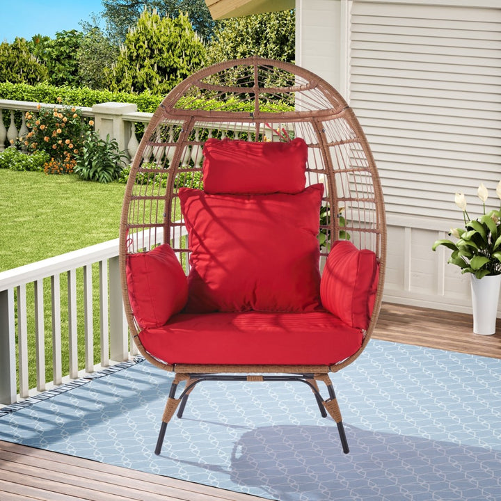 Wicker Egg Chair, Oversized Indoor Outdoor Lounger for Patio, Backyard, Living Room w/ 5 Cushions, Steel Frame, 440lb Capacity - RedDTYStore