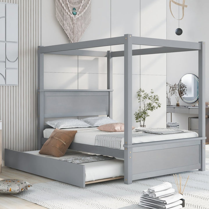 Wood Canopy Bed with Trundle Bed ,Full Size Canopy Platform bed With Support Slats .No Box Spring Needed, Brushed GrayDTYStore