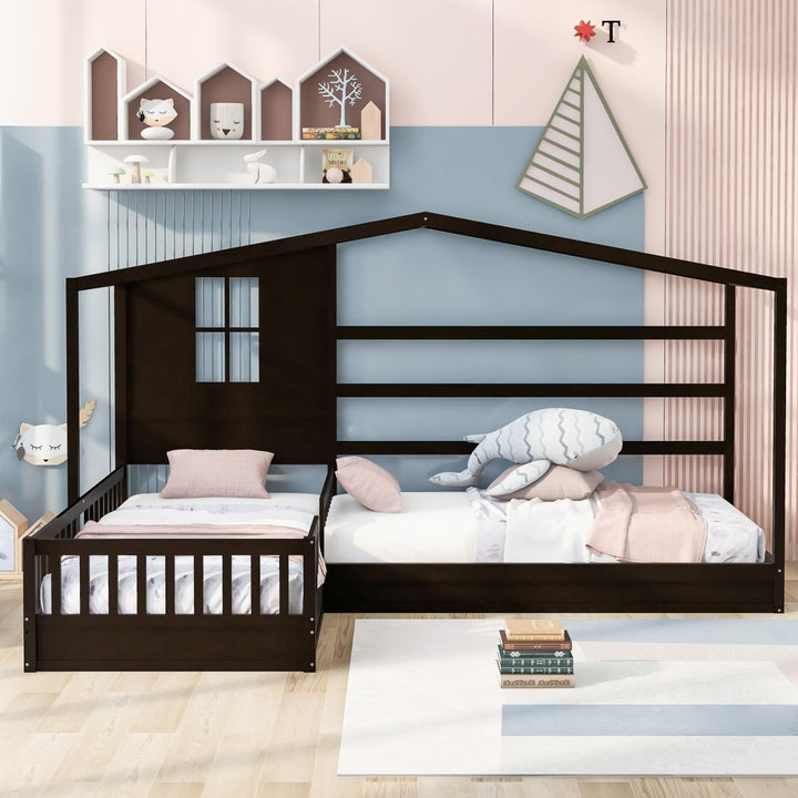 Wood House Bed Twin Size, 2 Twin Solid Bed L structure with fence and slatted frame （Espresso)DTYStore