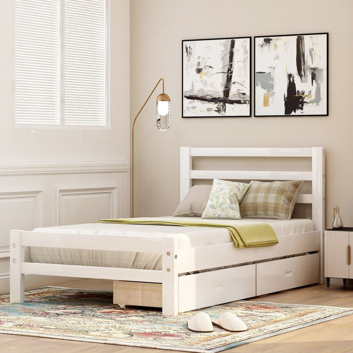 Wood platform bed with two drawers, twin (white)DTYStore