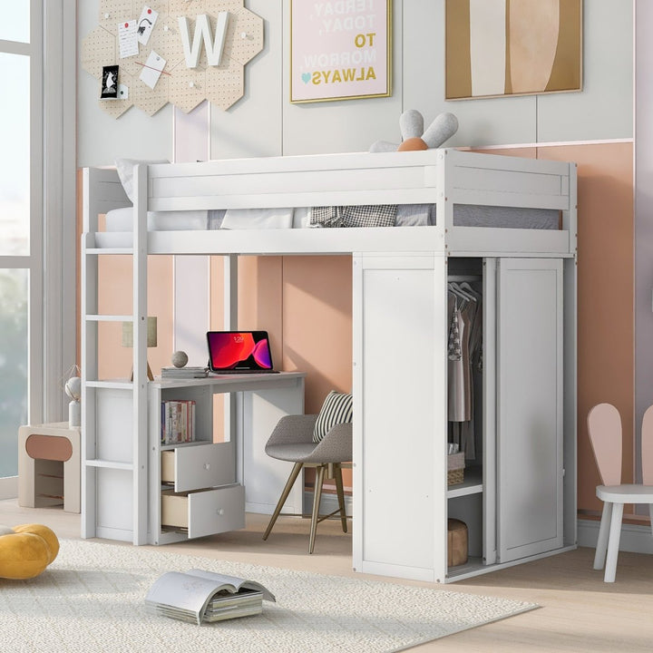 Wood Twin Size Loft Bed with Wardrobes and 2-Drawer Desk with Cabinet, White(Expected Arrival Time: 6.5)DTYStore