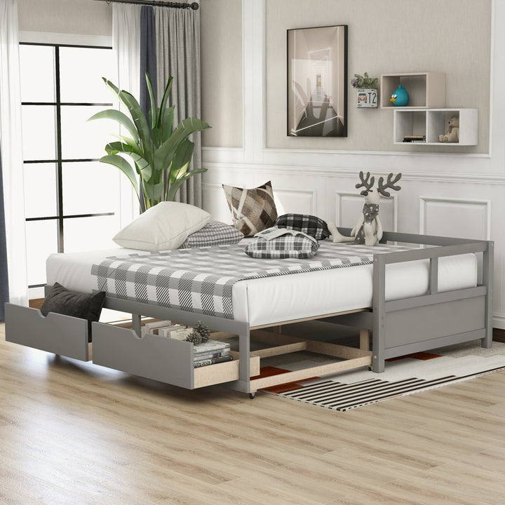 Wooden Daybed with Trundle Bed and Two Storage Drawers , Extendable Bed Daybed,Sofa Bed for Bedroom Living Room, GrayDTYStore